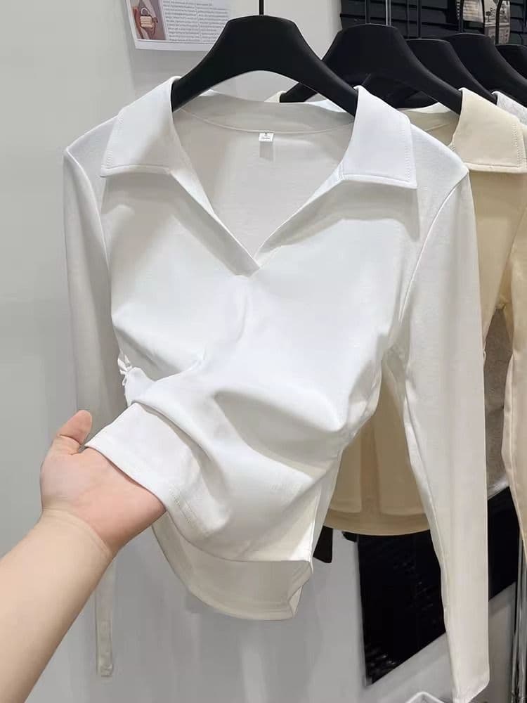 가을 polo 폴로 칼라 t 긴팔 동정 몸매 가꾸기 슬림해 보이는 맨위 회색 긍정적 인 어깨 인사이드 가져 가라. 기본 셔츠 상세 이미지 34