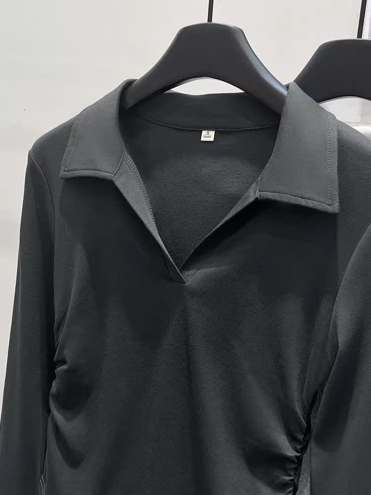 가을 polo 폴로 칼라 t 긴팔 동정 몸매 가꾸기 슬림해 보이는 맨위 회색 긍정적 인 어깨 인사이드 가져 가라. 기본 셔츠 상세 이미지 35