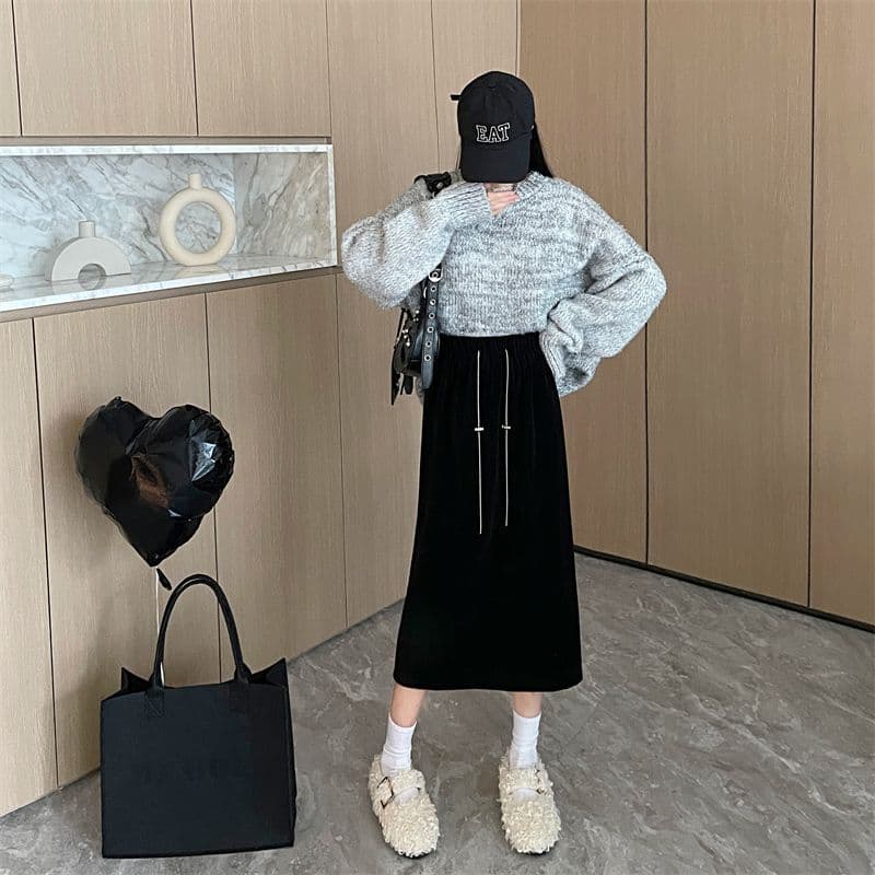 높음 폭탄 코듀로이 얇은 스타일 체인 다용도 이후 트임 캐주얼 반신 스커트 여성 상세 이미지 9
