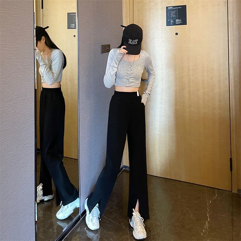 가을 새로운 트임 넓은 다리 루즈핏 캐주얼 바지 여성 웨이 바지 트렌디 상세 이미지 13
