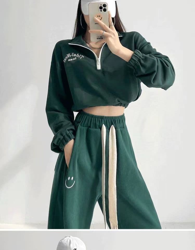 얇은 스타일 후드티 웨이 바지 세트 여성 가을 겨울 새로운 작은 키 디스플레이 높음 POLO 셔츠 지퍼 칼라 투피스 세트 고급 센스 상세 이미지 3