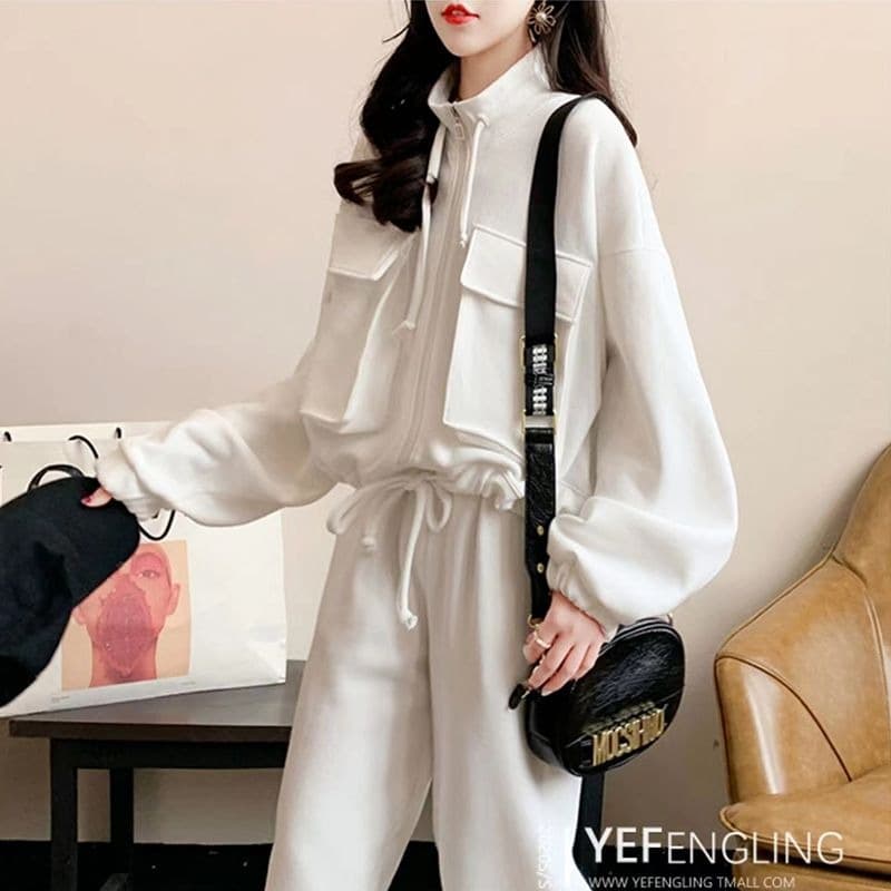 스탠드 칼라 지퍼 재킷 웨이 바지 세트 여성 가을 긴팔 맨위 바지 캐주얼 운동 얇은 스타일 후드티 투피스 세트 이미지 5