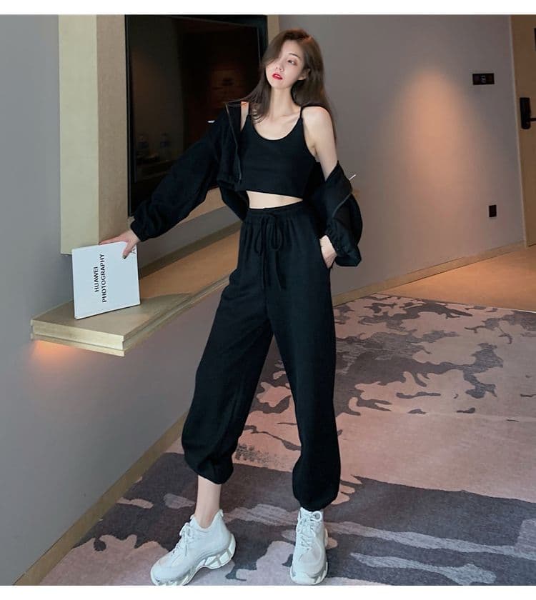 가을 의상 새로운 루즈핏 얇은 스타일 모자 포함 후드티 캐주얼 3종 세트 재킷 캐주얼 패션 운동복 세트 여성 상세 이미지 30