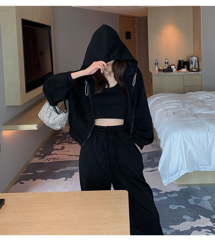 가을 의상 새로운 루즈핏 얇은 스타일 모자 포함 후드티 캐주얼 3종 세트 재킷 캐주얼 패션 운동복 세트 여성 상세 이미지 31