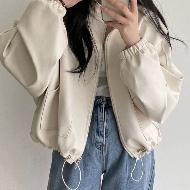 한국 chic 가을 작은 대중 잘 생긴 스탠드 칼라 지퍼 빅 포켓 디자인 펌프 로프 레이스업 오토바이 가죽 재킷 여성 코트 이미지 3