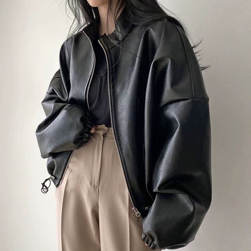 한국 chic 가을 작은 대중 잘 생긴 스탠드 칼라 지퍼 빅 포켓 디자인 펌프 로프 레이스업 오토바이 가죽 재킷 여성 코트 상세 이미지 1