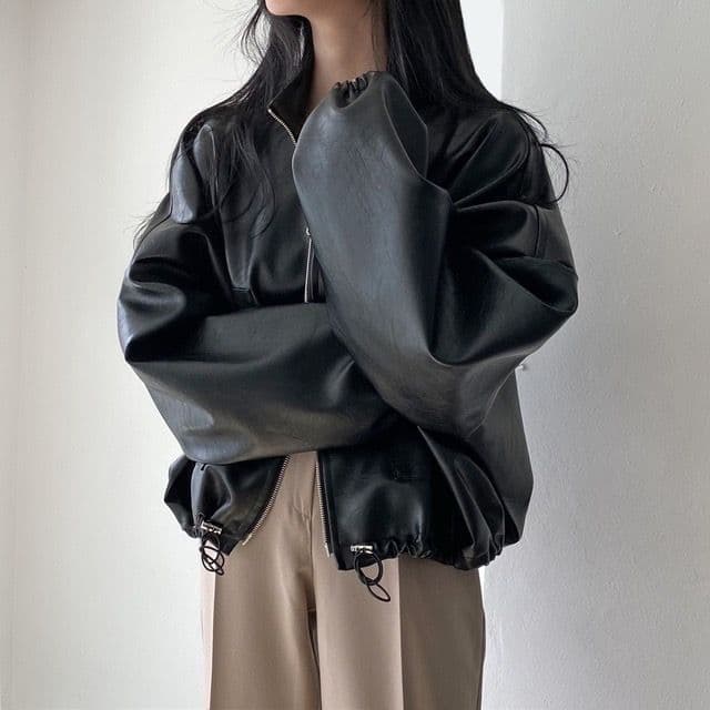 한국 chic 가을 작은 대중 잘 생긴 스탠드 칼라 지퍼 빅 포켓 디자인 펌프 로프 레이스업 오토바이 가죽 재킷 여성 코트 상세 이미지 2