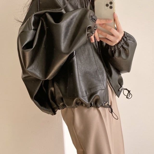 한국 chic 가을 작은 대중 잘 생긴 스탠드 칼라 지퍼 빅 포켓 디자인 펌프 로프 레이스업 오토바이 가죽 재킷 여성 코트 상세 이미지 5