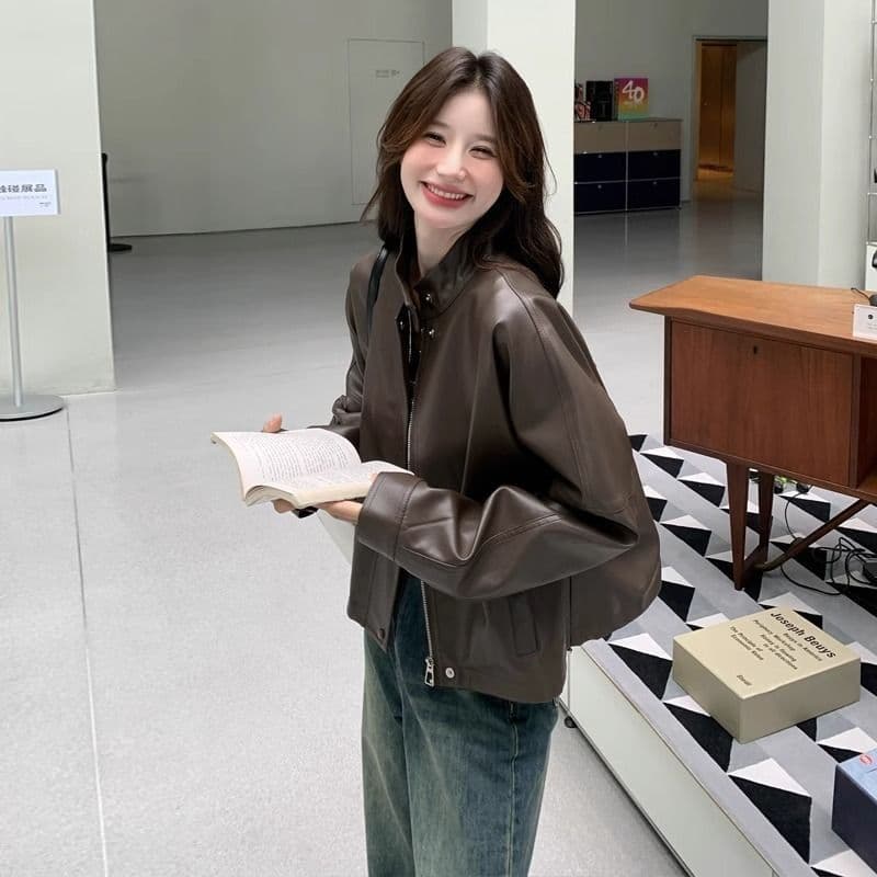 커피 색상 가죽 재킷 여성 코트 가죽 자켓 폭발 항구 바람 쇼트 스타일 오토바이 올해 인기 아메리칸 레트로 이미지 5