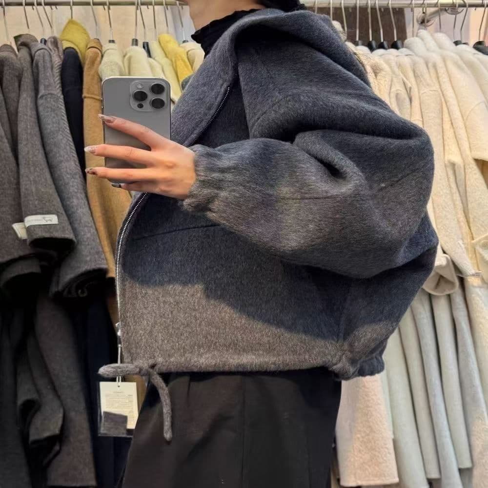 가을 겨울 패션 모직 chic 재킷 쇼트 스타일 후드 센스 싸움 신제품 루즈핏 허리 수축 작은 키 펌프 로프 폭발 상세 이미지 2