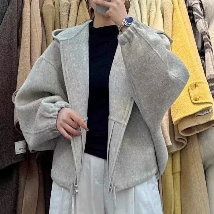 가을 겨울 패션 모직 chic 재킷 쇼트 스타일 후드 센스 싸움 신제품 루즈핏 허리 수축 작은 키 펌프 로프 폭발 상세 이미지 6