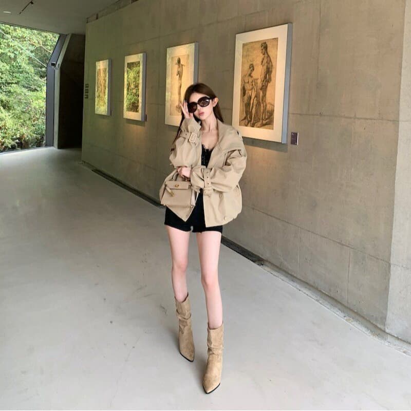 카키 색 이중 버튼 스탠드 칼라 쇼트 스타일 바람막이 여성 코트 가을 겨울철 고급 센스 작은 키 루즈핏 캐주얼 코트 이미지 5
