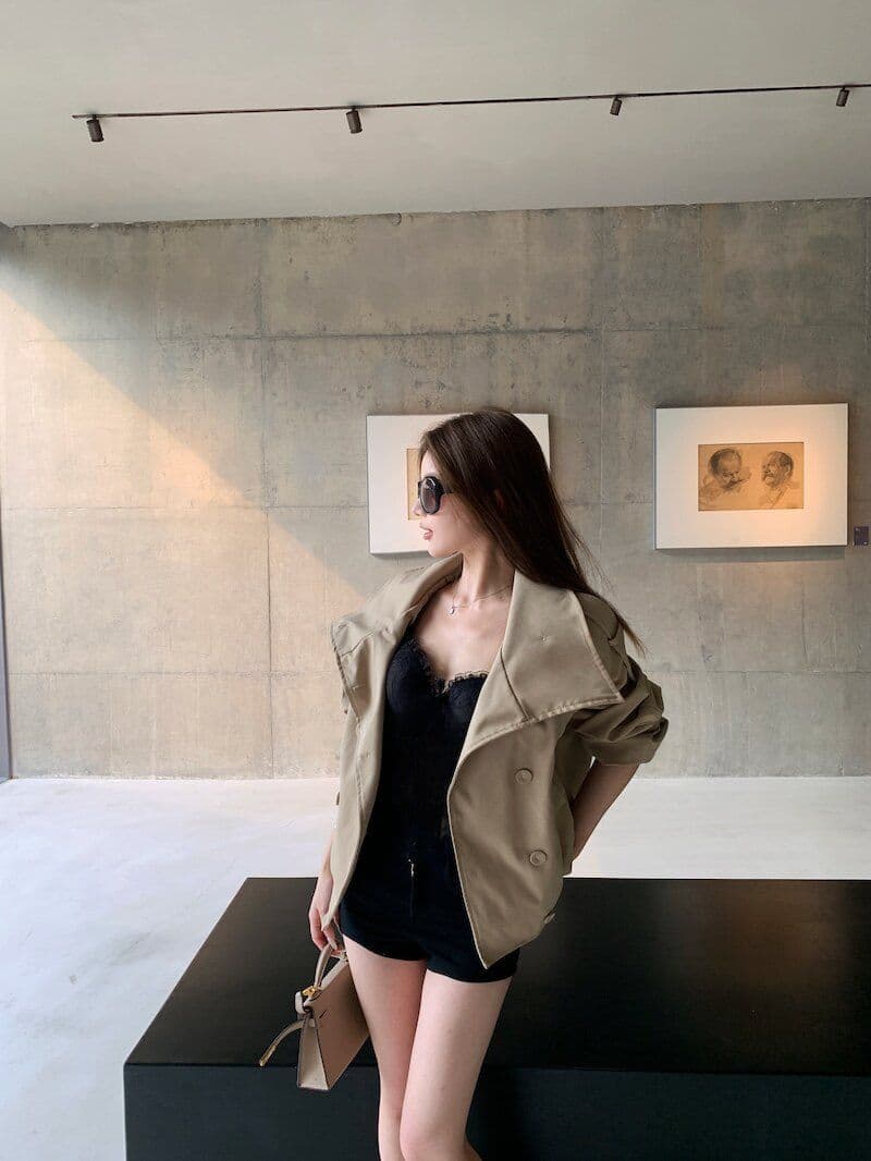 카키 색 이중 버튼 스탠드 칼라 쇼트 스타일 바람막이 여성 코트 가을 겨울철 고급 센스 작은 키 루즈핏 캐주얼 코트 상세 이미지 11