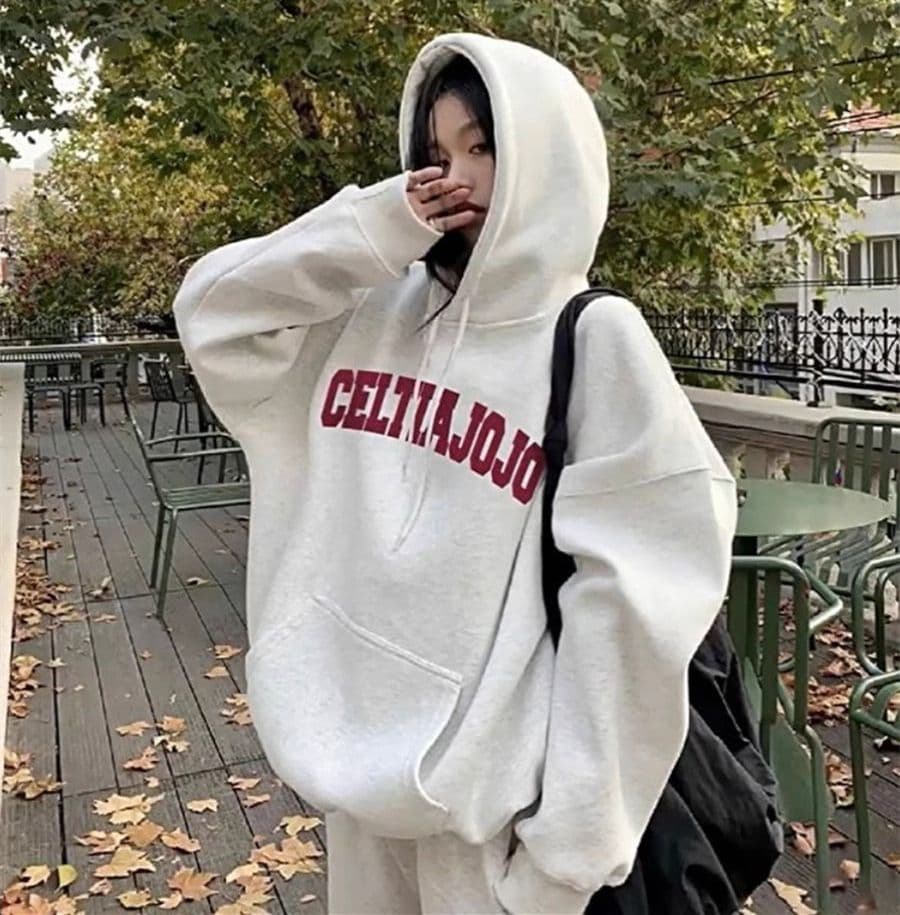 후드 티 스웨터 여성 가을 겨울철 루즈핏 캐주얼 털이 있고 두꺼운 작은 키 알파벳 느긋한 바람 맨위 상세 이미지 1