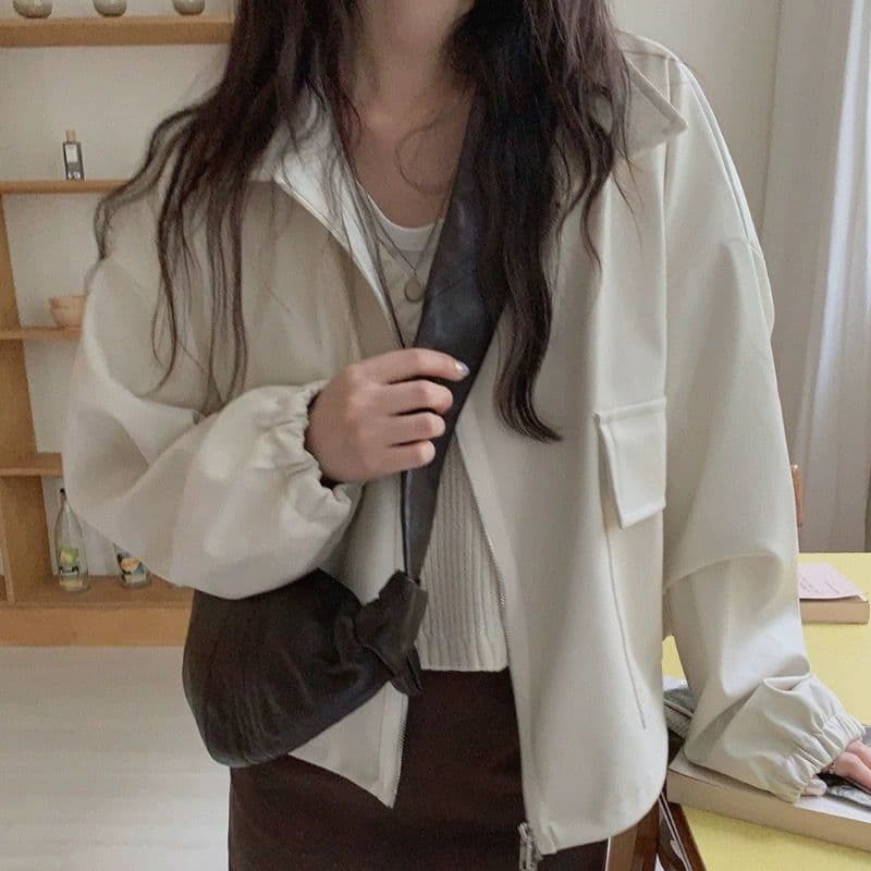 한국 chic 여름 레트로 항구 바람 스탠드 칼라 지퍼 디자인 루즈핏 캐주얼 다용도 긴팔 쇼트 스타일 여성 코트 상세 이미지 4