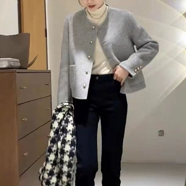 새로운 작은 샤넬 스타일 재킷 라운드 넥 싱글 줄 버튼 양면 모직 코트 여성 디자인 센스 작은 키 모직 맨위 상세 이미지 1