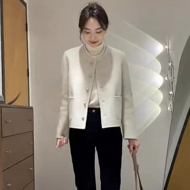 새로운 작은 샤넬 스타일 재킷 라운드 넥 싱글 줄 버튼 양면 모직 코트 여성 디자인 센스 작은 키 모직 맨위 상세 이미지 3
