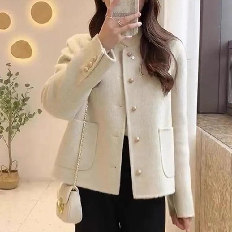 새로운 작은 샤넬 스타일 재킷 라운드 넥 싱글 줄 버튼 양면 모직 코트 여성 디자인 센스 작은 키 모직 맨위 상세 이미지 7