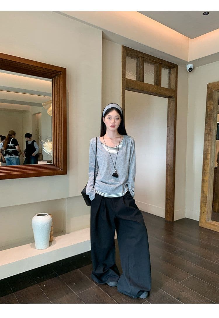 원본 품질 눈꽃 면 회색 싸움 스트라이프 페이크 레이어드 긴팔 티셔츠 가을 루즈핏 기본 셔츠 맨위 상세 이미지 3