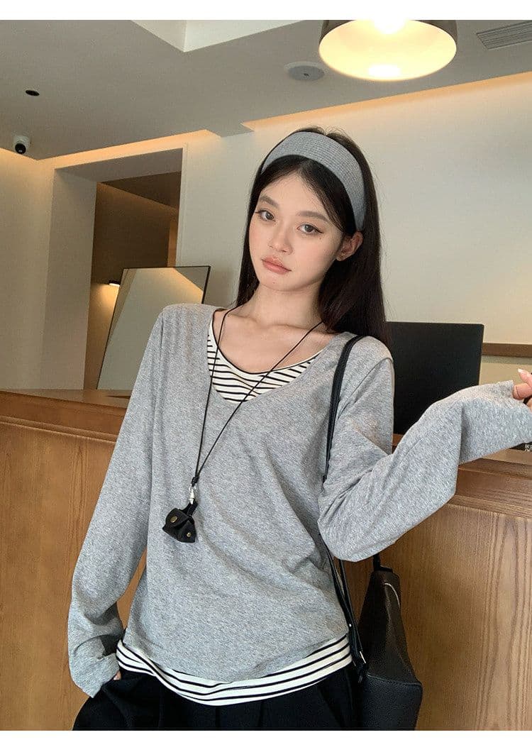 원본 품질 눈꽃 면 회색 싸움 스트라이프 페이크 레이어드 긴팔 티셔츠 가을 루즈핏 기본 셔츠 맨위 상세 이미지 19