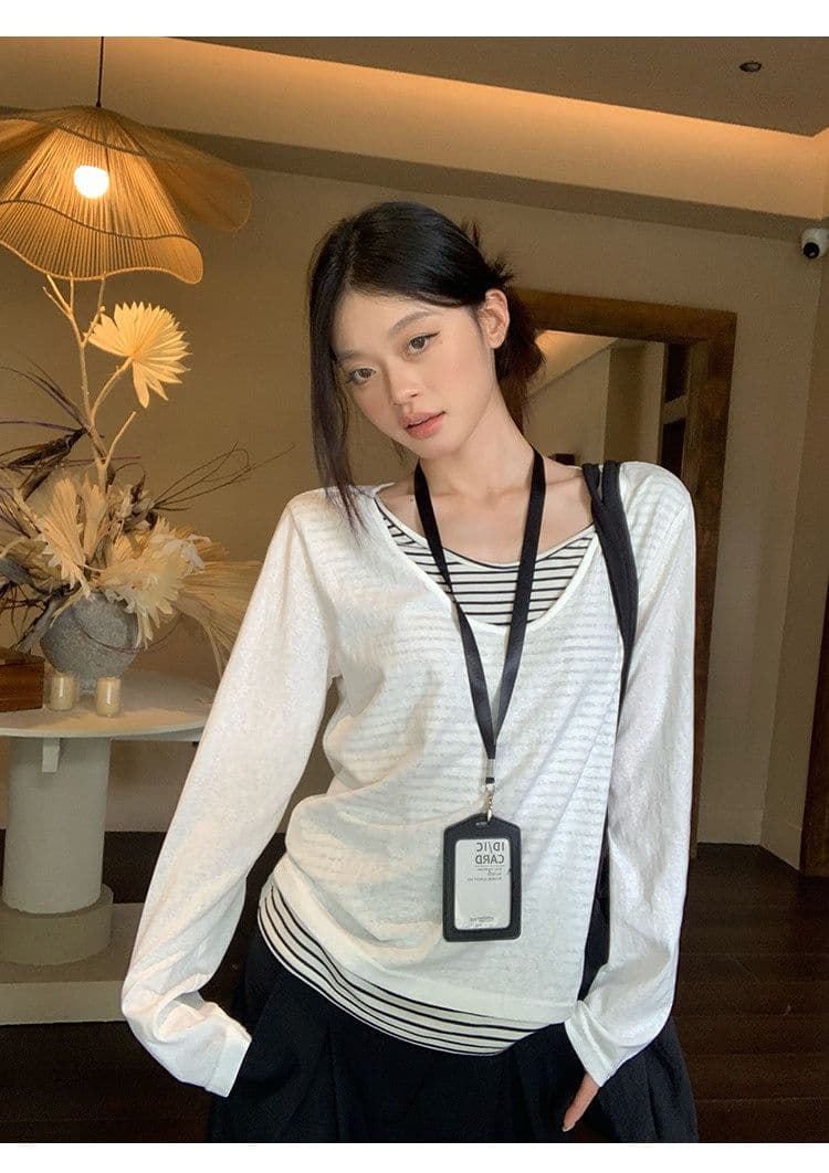 원본 품질 눈꽃 면 회색 싸움 스트라이프 페이크 레이어드 긴팔 티셔츠 가을 루즈핏 기본 셔츠 맨위 상세 이미지 24
