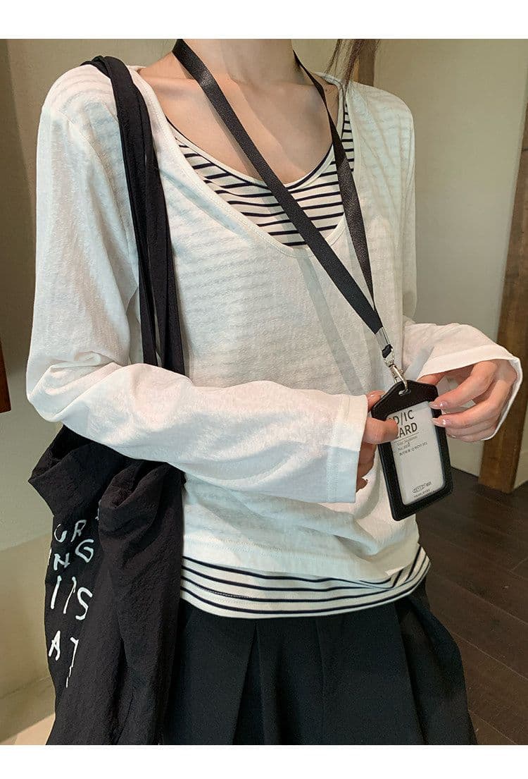 원본 품질 눈꽃 면 회색 싸움 스트라이프 페이크 레이어드 긴팔 티셔츠 가을 루즈핏 기본 셔츠 맨위 상세 이미지 25