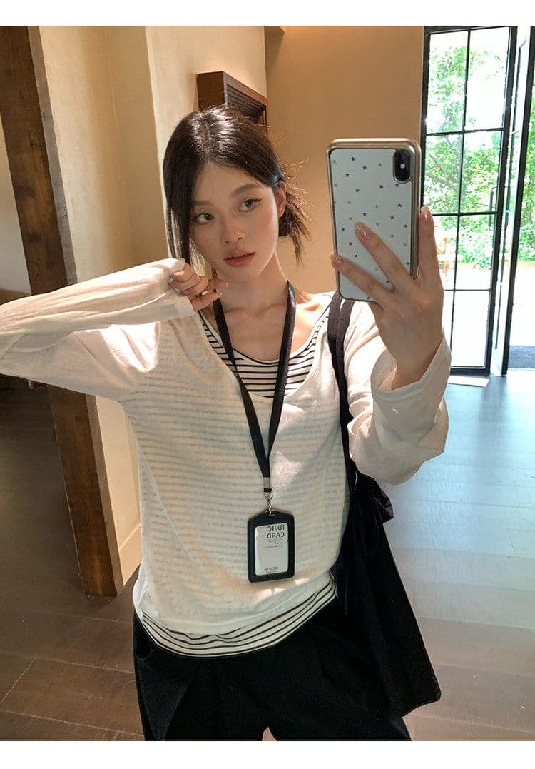 원본 품질 눈꽃 면 회색 싸움 스트라이프 페이크 레이어드 긴팔 티셔츠 가을 루즈핏 기본 셔츠 맨위 상세 이미지 29