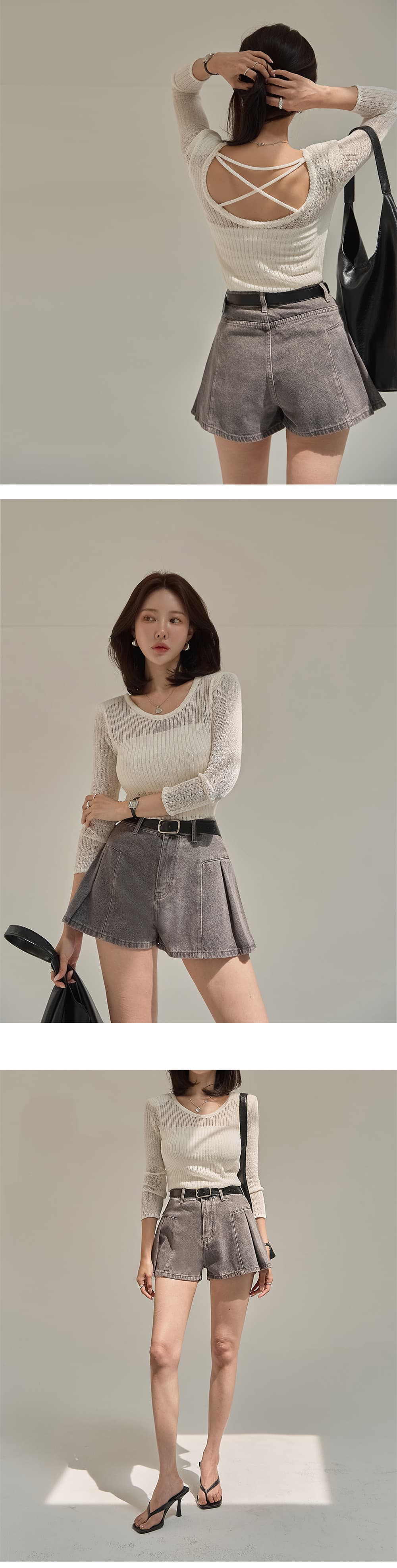 지금 하이웨이스트 플리츠 넓은 다리 장난기 넘치는 여름 청바지 색상 반바지 상세 이미지 3