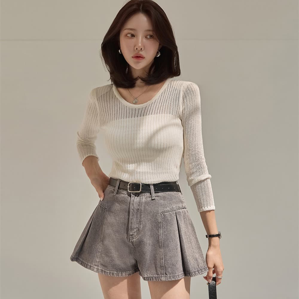 지금 하이웨이스트 플리츠 넓은 다리 장난기 넘치는 여름 청바지 색상 반바지 이미지 3