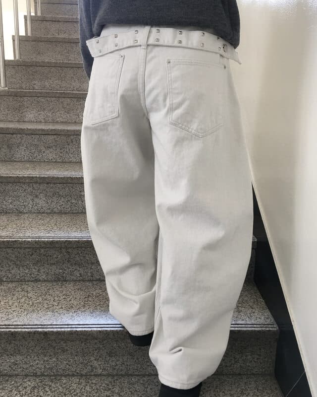 지금 레트로 stud 징 뒤에 벨트 디자인 넓은 다리 루즈핏 청바지 상세 이미지 36