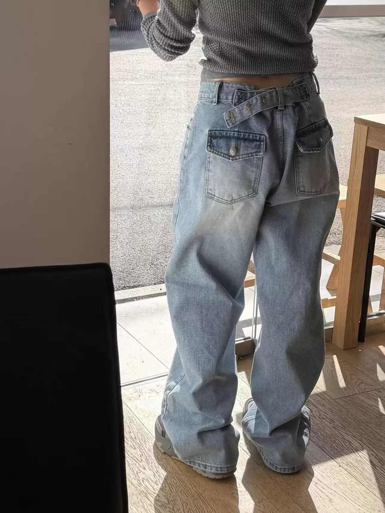 지금 봄 섹션 패션 다용도 이후 버클 조정 스트레이트 청바지 상세 이미지 40