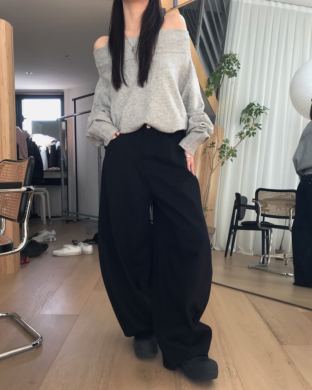 지금 레트로 stud 징 뒤에 벨트 디자인 넓은 다리 루즈핏 청바지 상세 이미지 5