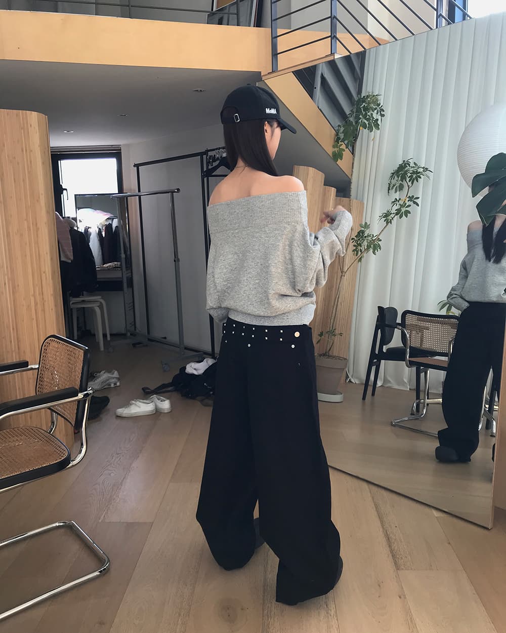 지금 레트로 stud 징 뒤에 벨트 디자인 넓은 다리 루즈핏 청바지 상세 이미지 7