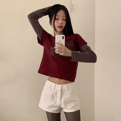 지금 측면 징 장식 넓은 다리 루즈핏 캐주얼 반바지 이미지 3