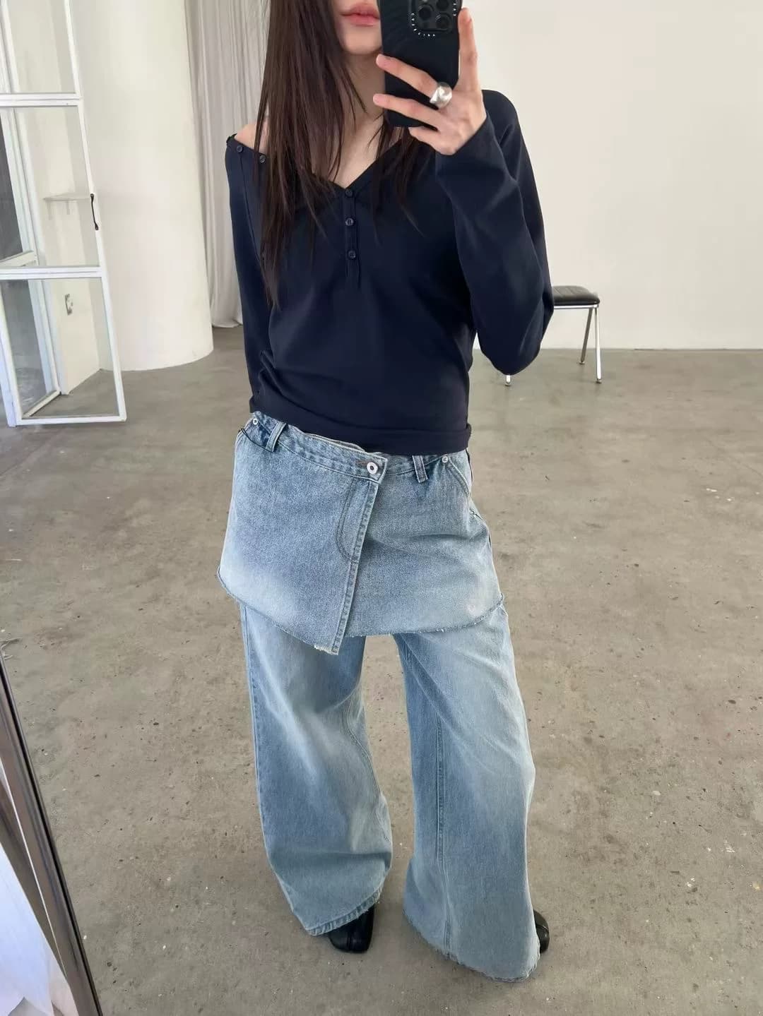 봄 레트로 워싱 포함 랩스커트팬츠 청바지 세트 상세 이미지 1