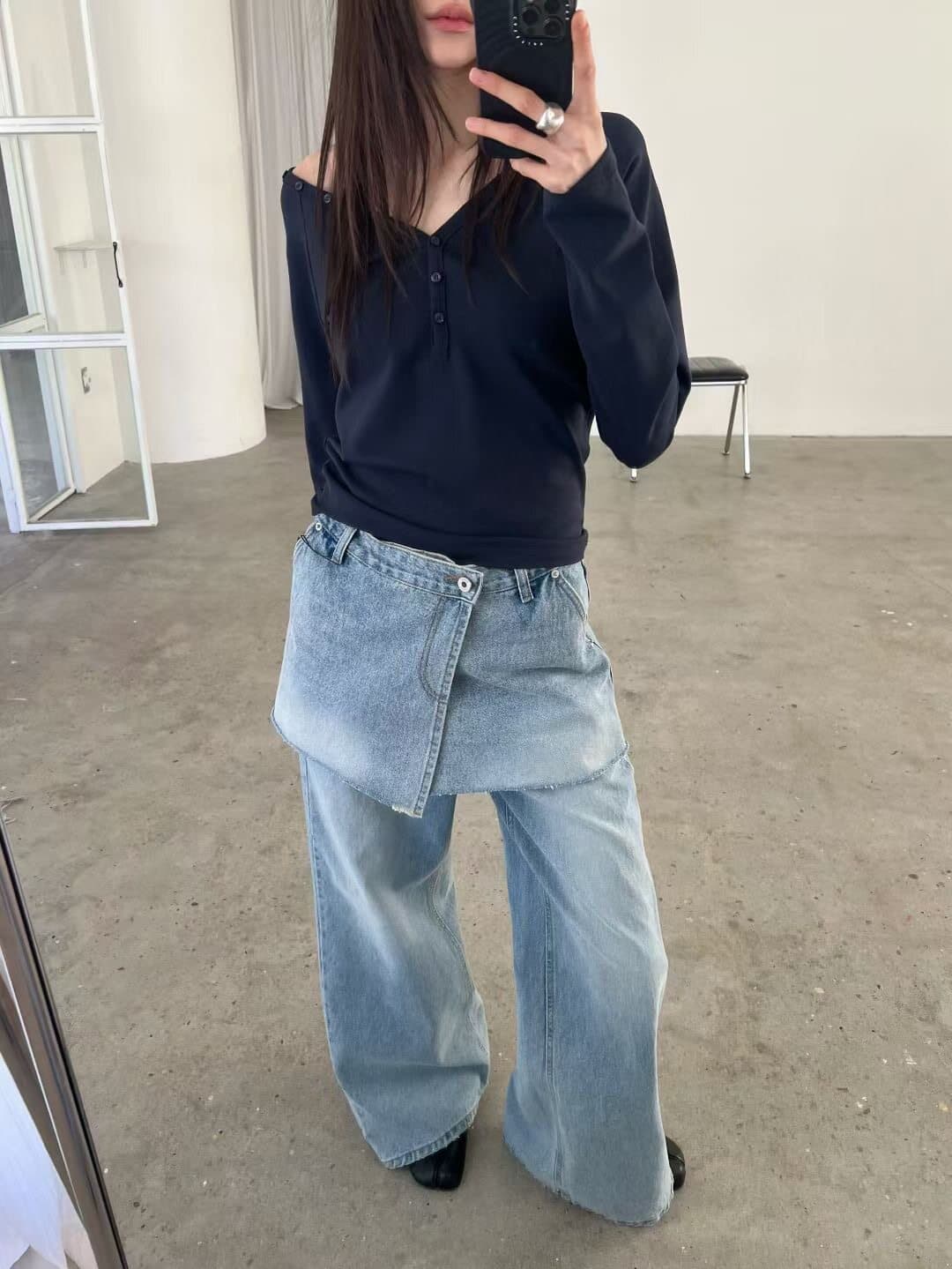 봄 레트로 워싱 포함 랩스커트팬츠 청바지 세트 상세 이미지 3
