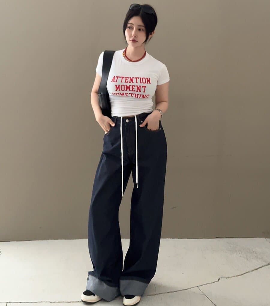 26 봄 새로운 레트로 레이스업 루즈핏 볼륨 측면 청바지