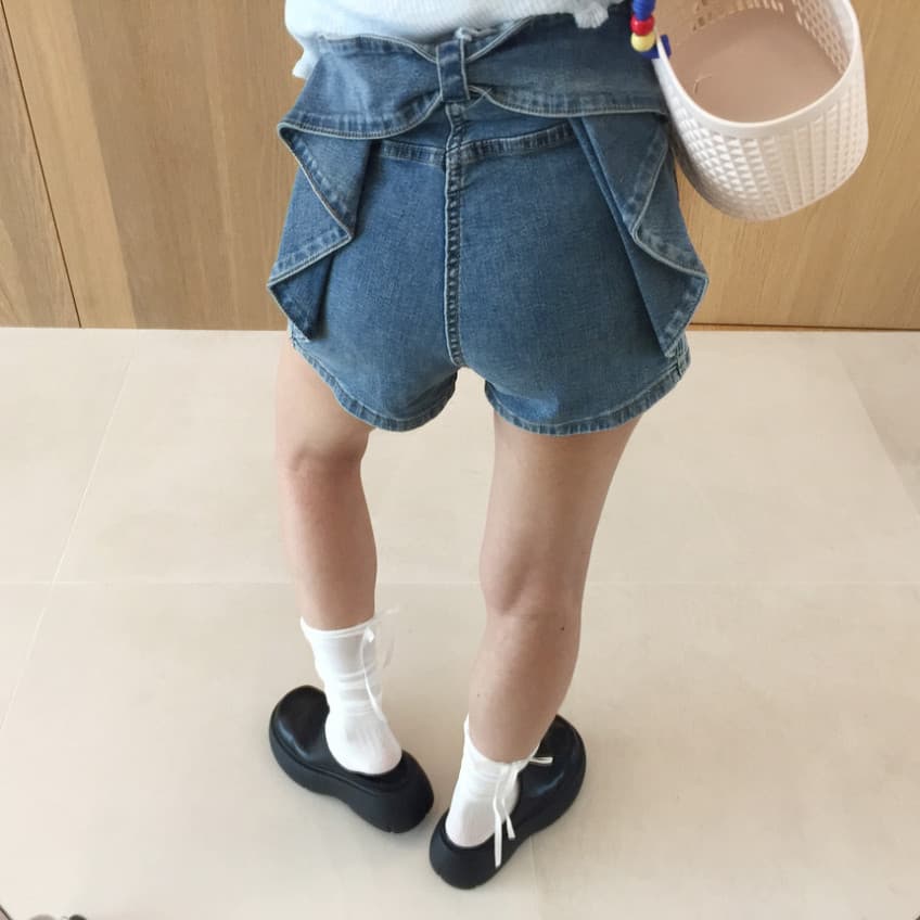 워프 엉덩이 나비 매듭 몸매 가꾸기 슬림해 보이는 하이웨이스트 데님 반바지 여성 상세 이미지 2