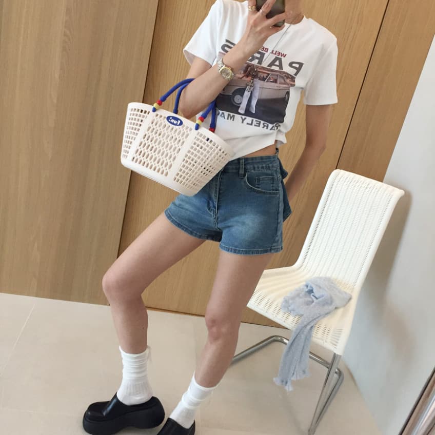 워프 엉덩이 나비 매듭 몸매 가꾸기 슬림해 보이는 하이웨이스트 데님 반바지 여성 상세 이미지 10
