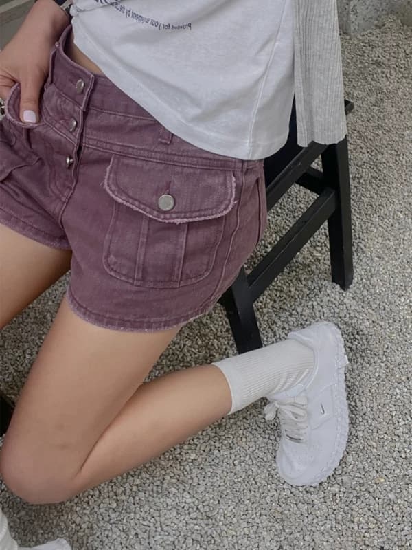기타 버클 찢어진 거친 가장자리 주머니 루즈핏 색상 데님 반바지 여성 상세 이미지 1