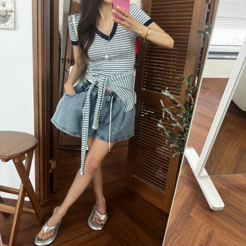26 아모이 패션 레트로 연삭 화이트 한 마디 밴딩 펌프 로프 데님 반바지 핫 바지 여성 상세 이미지 14