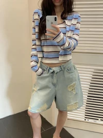 봄 여름 외국 가스 다용도 찢어진 부분 데님 반바지 이미지 4