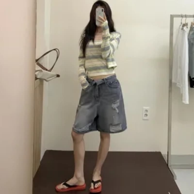 봄 여름 외국 가스 다용도 찢어진 부분 데님 반바지 이미지 5