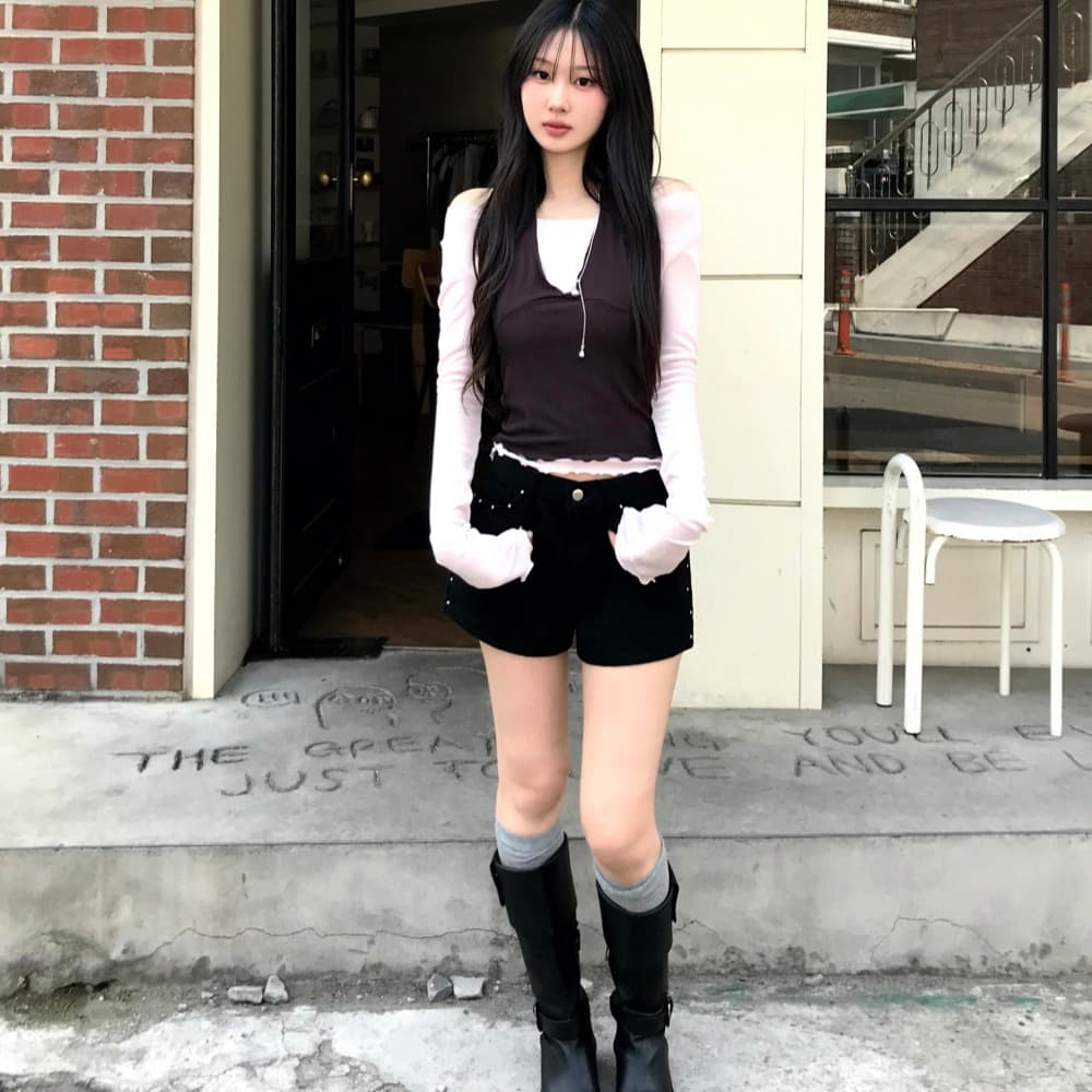 지금 ins 인터넷 유명인 핫걸 측면 연주 중 못 데님 핫 바지 반바지 이미지 5