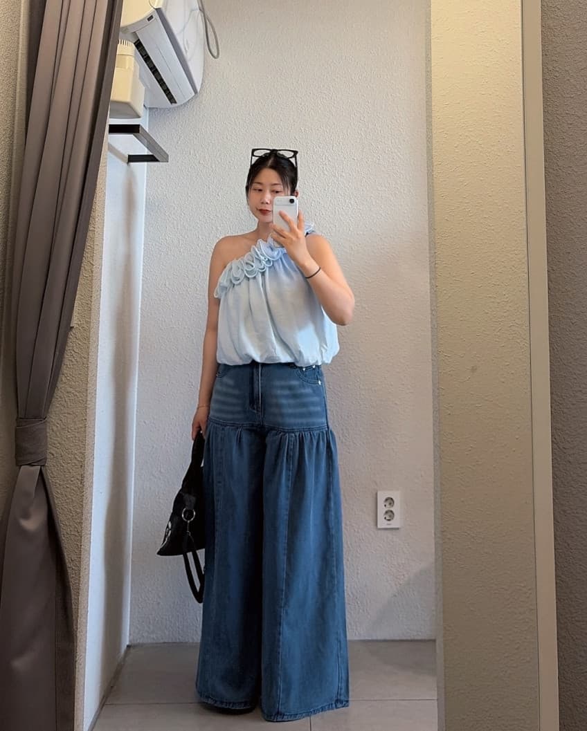 패치워크 플리츠 넓은 다리 데님 긴 바지 상세 이미지 6