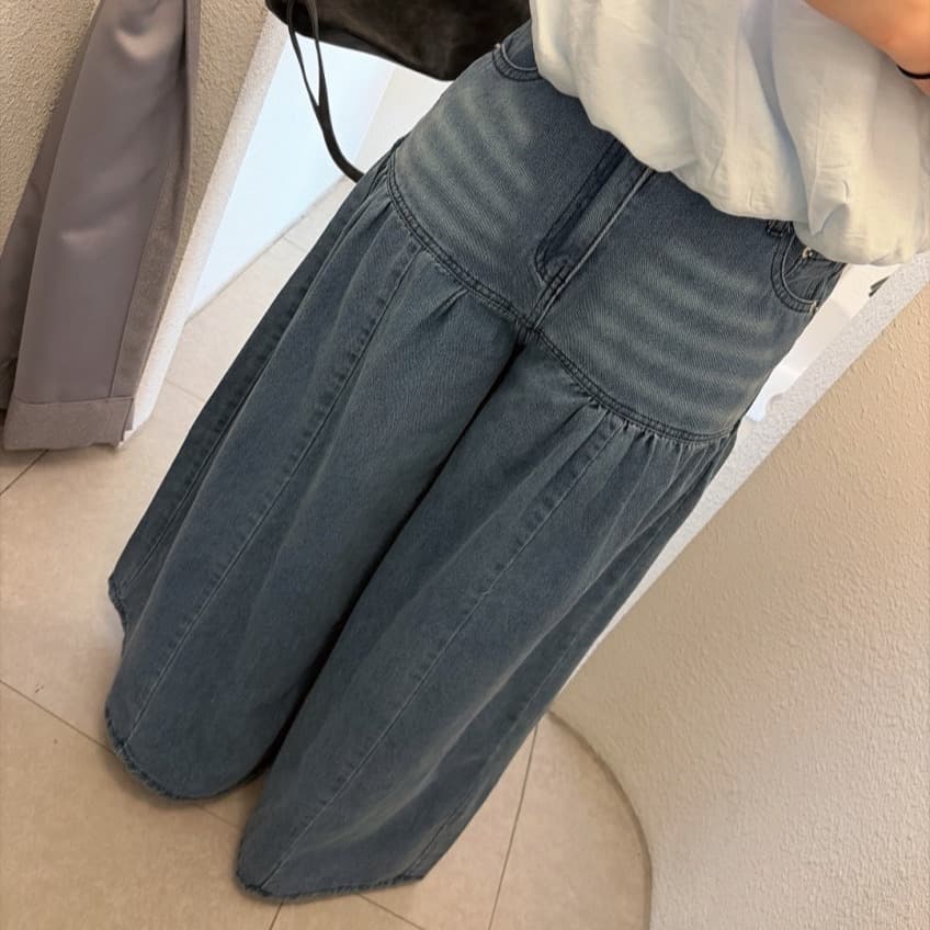 패치워크 플리츠 넓은 다리 데님 긴 바지 이미지 2