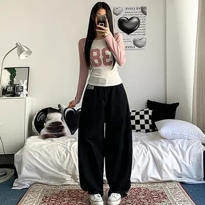 지금 pp 핑크색 알파벳 자수 귀여운 주머니 루즈핏 넓은 다리 청바지 이미지 3