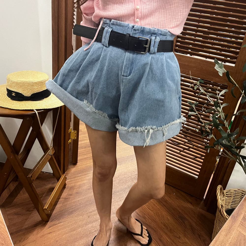 양이 음 애버딘 꽃밭 하이웨이스트 볼륨 측면 데님 반바지