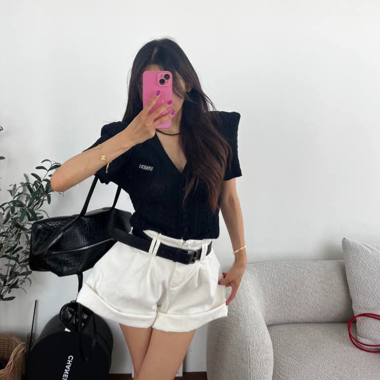 양이 음 애버딘 꽃밭 하이웨이스트 볼륨 측면 데님 반바지 이미지 4