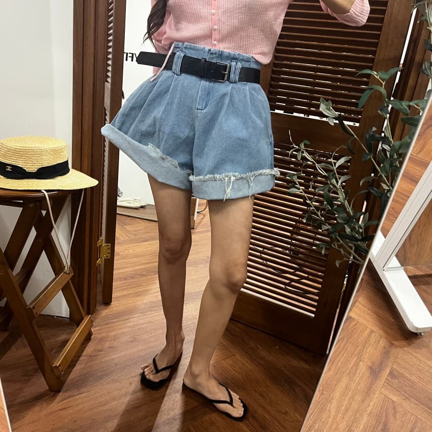 양이 음 애버딘 꽃밭 하이웨이스트 볼륨 측면 데님 반바지 상세 이미지 11